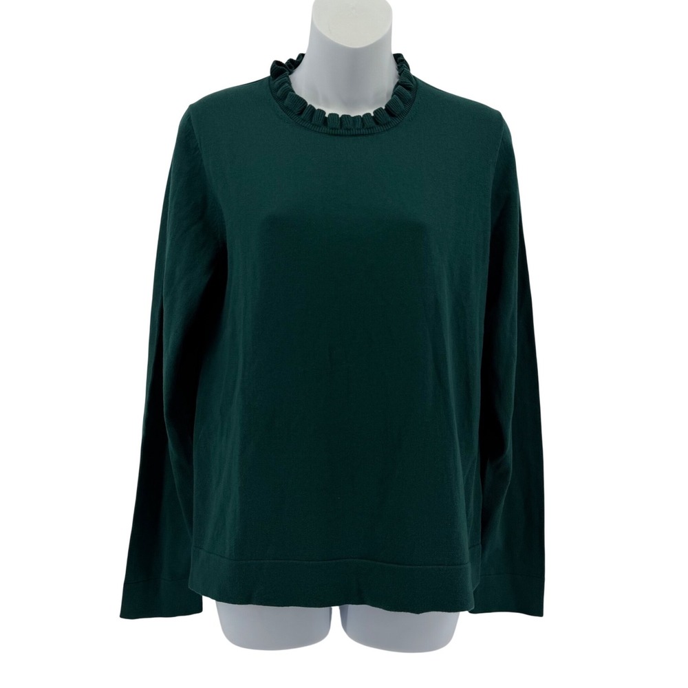 J.Crew 100% Cotton Sweater Women Medium Green Ruffle Neck Long Sleeve Pullover